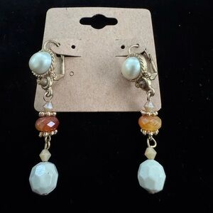 Vintage Pearl and Carnelian Gold Drop Chain Earrings
